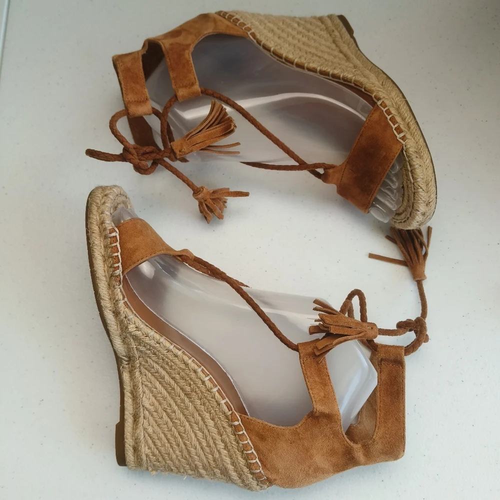 Joie light brown Phyllis suede leather wedge espadrille tie up sandals size 36 w